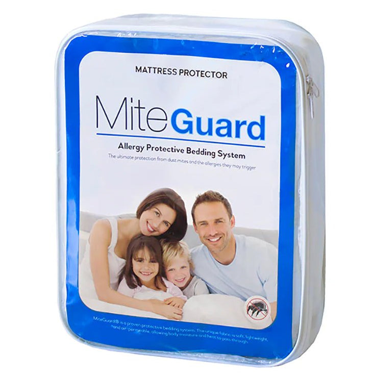 MiteGuard Mattress Protector in packaging front view of the product, showing the packaging and allergen protection features.
