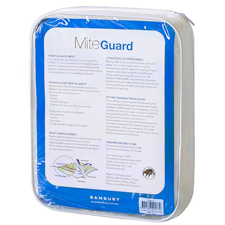 MiteGuard Mattress Protector in packaging, back view of the product displaying size options and care instructions.