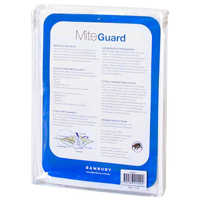 MiteGuard Pillow Protector in packaging back view of the product displaying size options, care instructions and benefits.