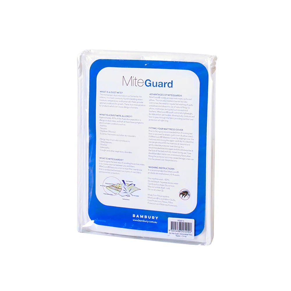 MiteGuard Pillow Protector in packaging back view of the product displaying size options, care instructions and benefits.