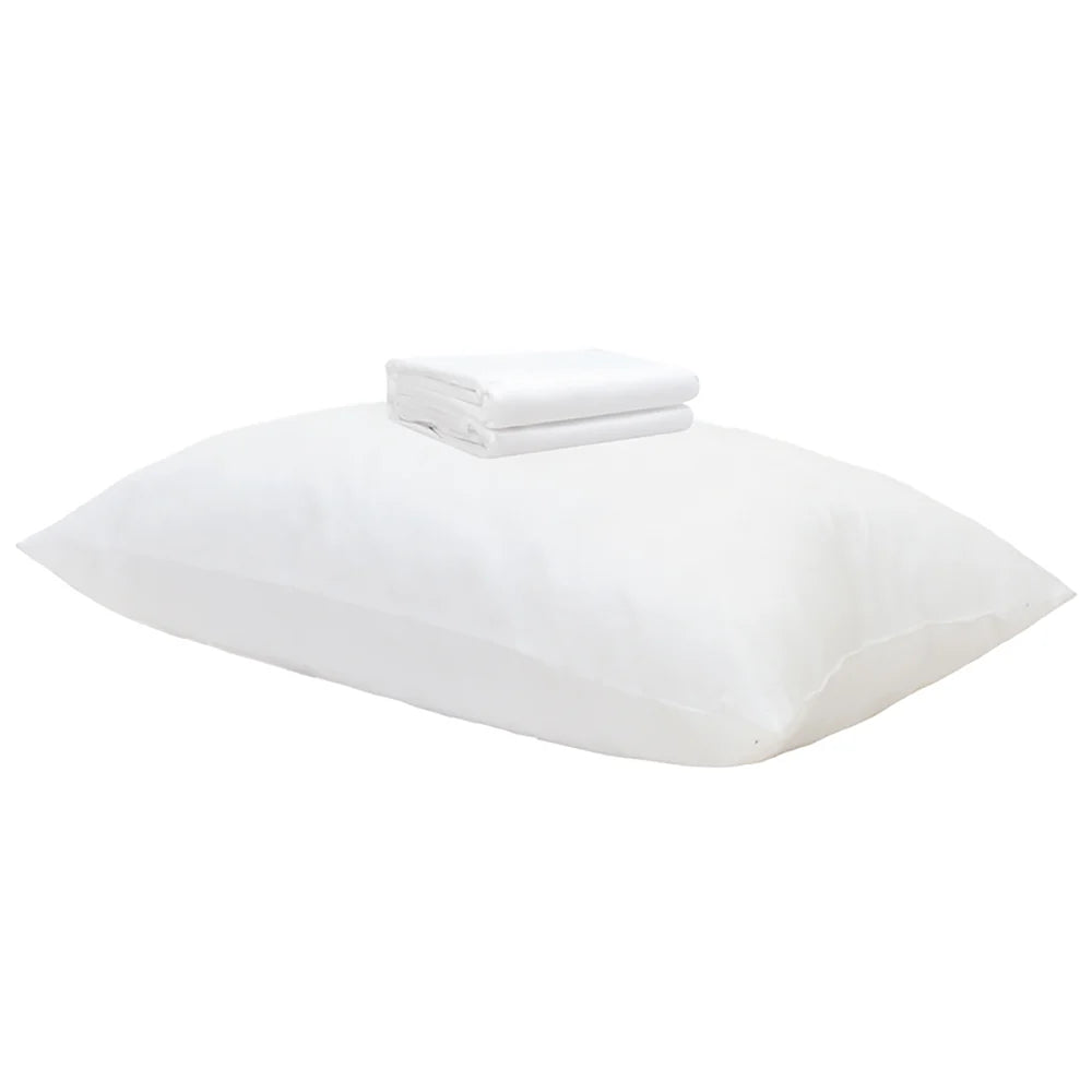 Close‑up of filter membrane and fabric on pillow protector, White pillow with a smaller white pillow on top on a white background