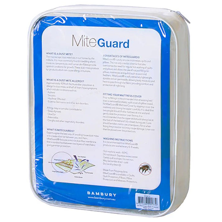 Back view of MiteGuard Quilt Protector packaging, displaying size options and dust mite barrier features.