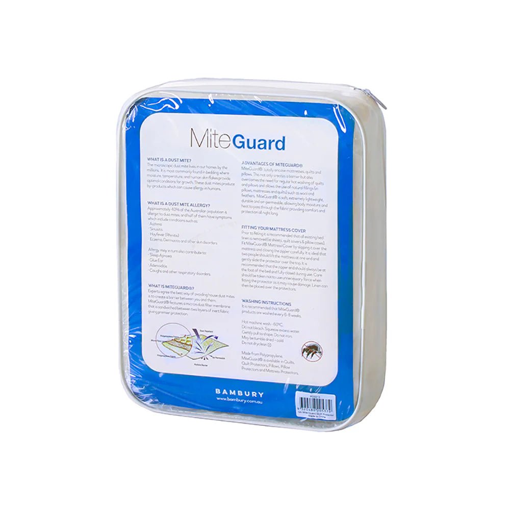 Back view of MiteGuard Quilt Protector packaging, displaying size options and dust mite barrier features.