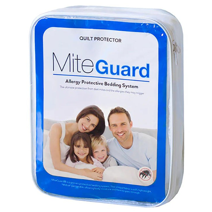 MiteGuard Quilt Protector in packaging, highlighting full mattress encasement for dust mite allergy protection.