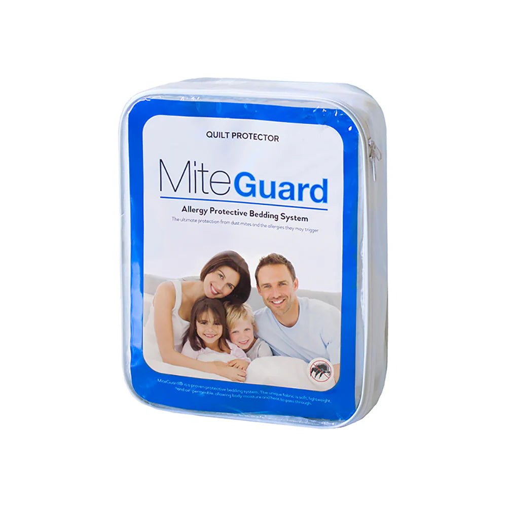 MiteGuard Quilt Protector in packaging, highlighting full mattress encasement for dust mite allergy protection.